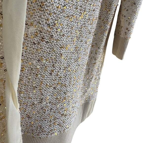 Chicos Sequin Embellished V Neck Glam Beige Gold Knit Cardigan Sweater Size 3 - Picture 4 of 9